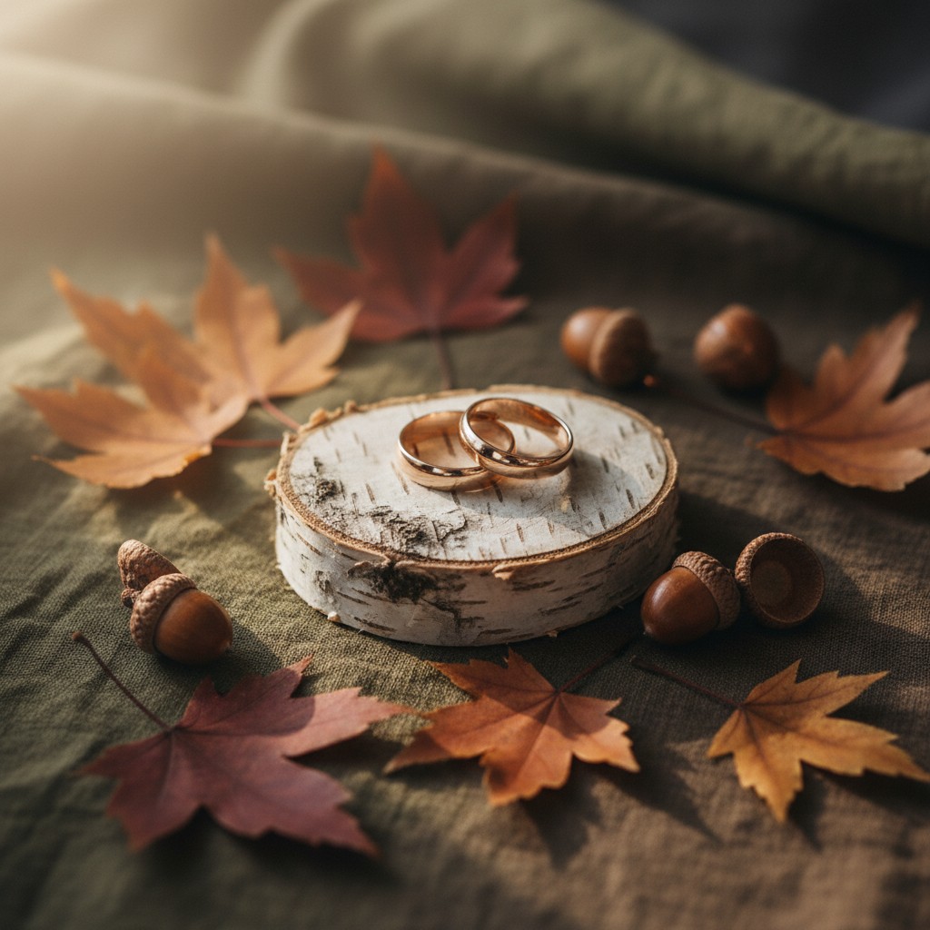 Rings in gold displayed on a piece of wood in a fall colored setting.
