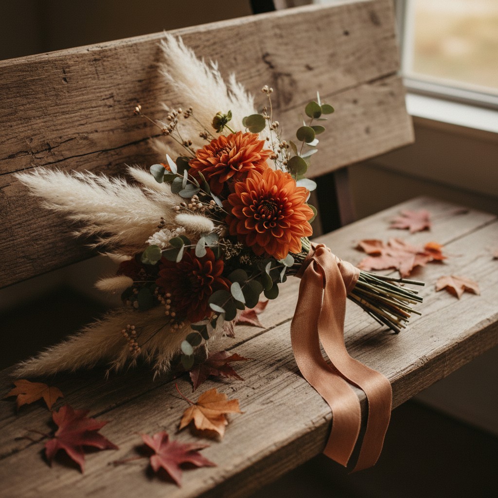 A bouquet of orange flowers and greenery resting on a rustic wooden bench, with a ribbon attached to the bouquet's handle....