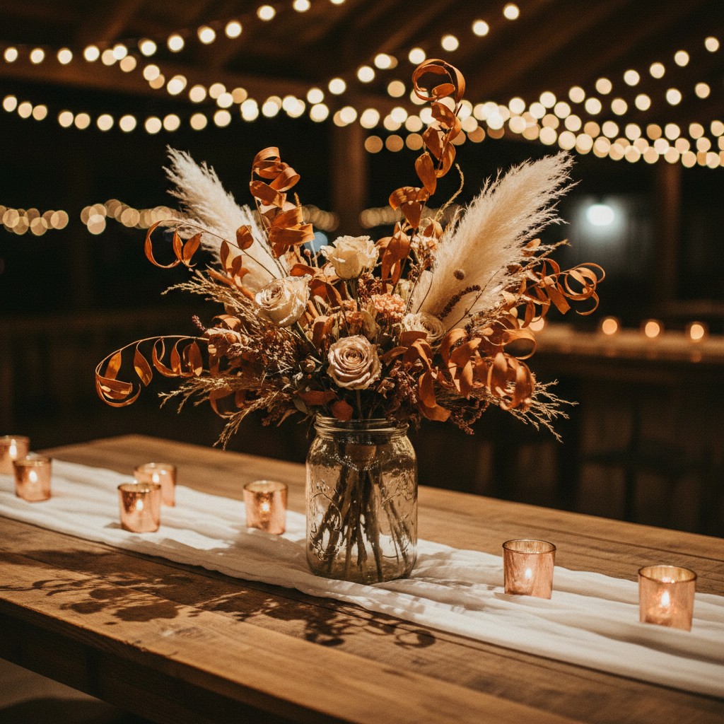 A gold and pink bouquet of flowers and foliage in a mason jar glass vase on a wooden table with white cloth and decorative...