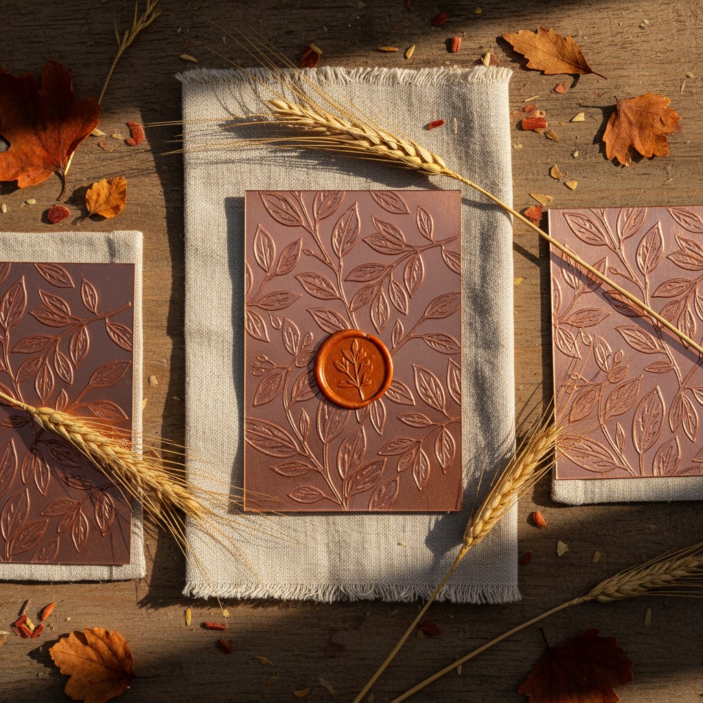 The image features three clean, rectangular brown notebooks or journals with a similar cover design: embossed leaves arran...
