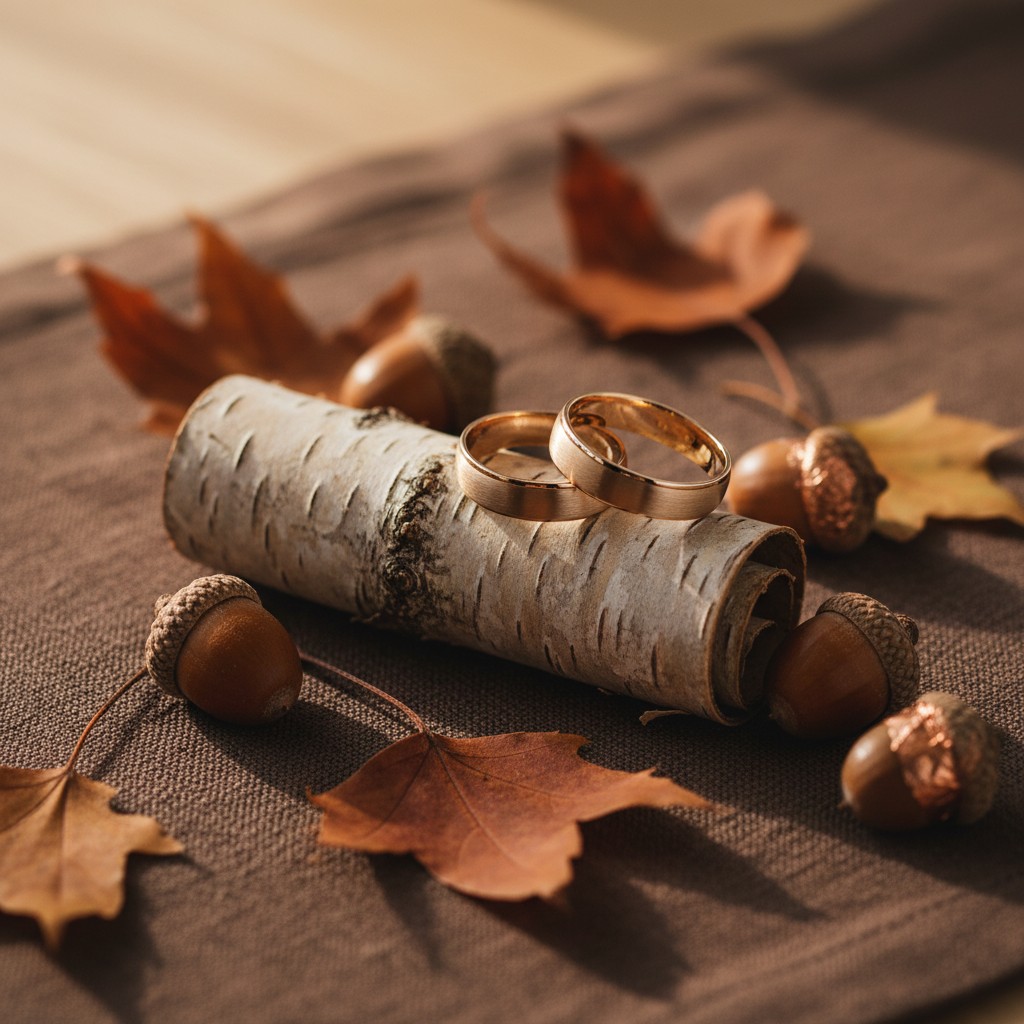 Two gold Wedding Bands on a Birchwood Log, surrounded by autumn leaves and acorns.